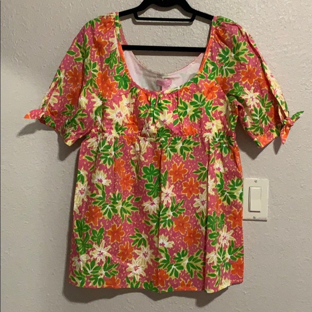 Lilly Pulitzer Pink Green Orange Floral Scoop Neck Blouse